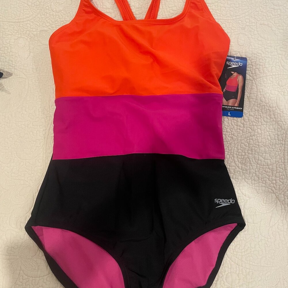 Size Large Speedo one-piece blue and pink striped swimsuit/bathing suit  NWT